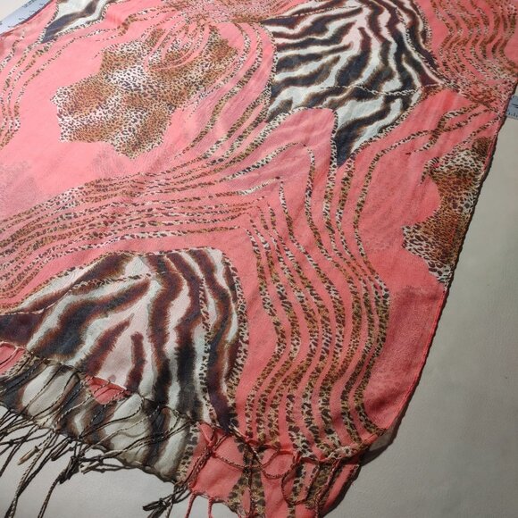 Animal Print Coral Scarf With Zebra Leopard Patterns Light Sheer Fabric Fringe - Picture 6 of 6